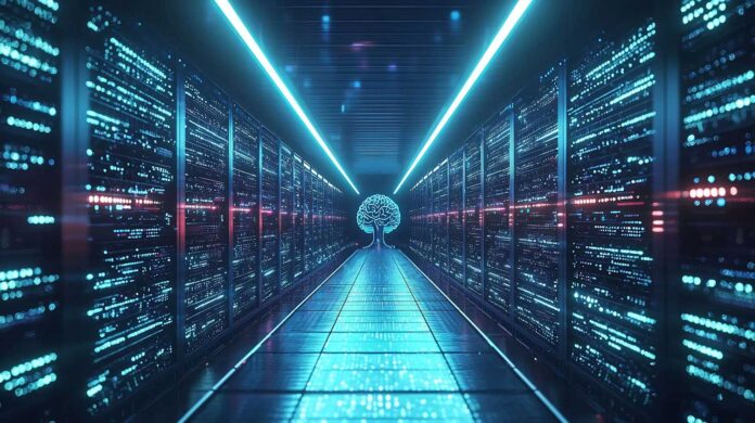 Futuristic server room with glowing tree